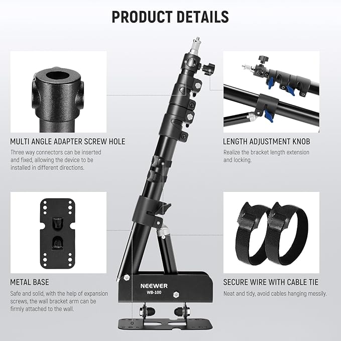 NEEWER Ring Light Wall Mount Boom Arm, 22"-46"/55-116cm 180° Swivel Triangle Light Wall Mounting for Photography Strobe Monolight Softbox Umbrella Reflector, Aluminum Alloy, 6.6lb/3kg Capacity, WB-100