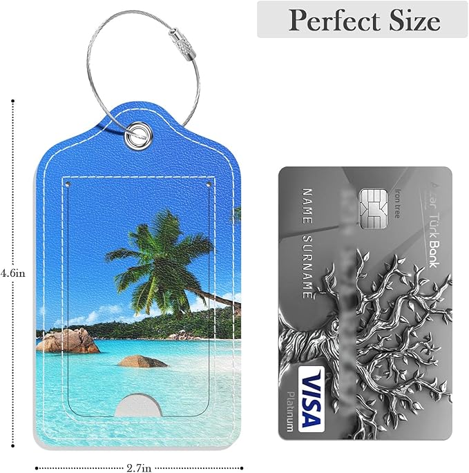 Luggage Tags for Suitcase, 2 Pack PU Leather Travel Cruise Luggage Tag with Privacy Flap, Name ID Label and Metal Loop for Women Men Girls Suitcase Baggage Bag Backpack Instrument, Happy Beach