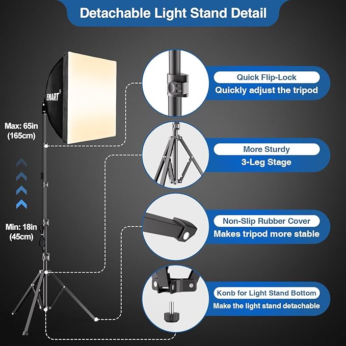 EMART Softbox Lighting Kit, 16"X16" Soft Box, 3000K-6000K 85W LED Bulbs with Remote, 65" Tripod, Professional Softbox Photography Lighting Kit for Studio Lights, Portrait, Video Recording(1PACK)