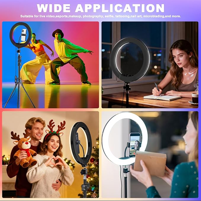 12" Selfie Ring Light with Stand and Phone Holder, Desk Tripod, 29 RGB Lighting Modes, Remote for iPhone &Android Camera. LED Halo Light for Photo, Video Recording, TikTok. Circle Ringlight Dimmable