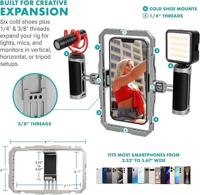 Movo iFilmer-PRO Smartphone Video Rig Kit – Stabilizer Cage with Dual Grips, VXR10 Shotgun Microphone, LED Light, & Tripod for iPhone/Android