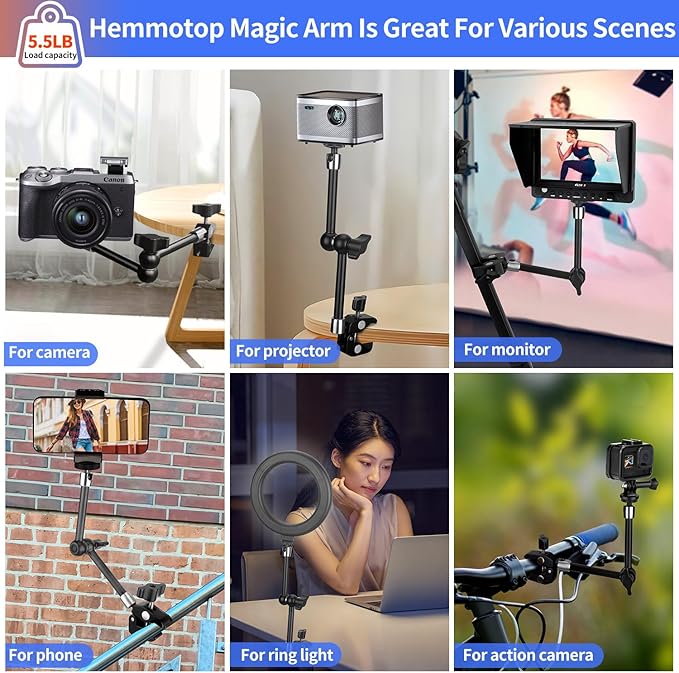 Hemmotop Magic Arm Camera Mount Clamp, 9.8 in Adjustable Articulating Friction Arm Max. Load 6.6 LBS, for iPhone Monitor, Camera Mounts & Clamps Kit MS01 Black