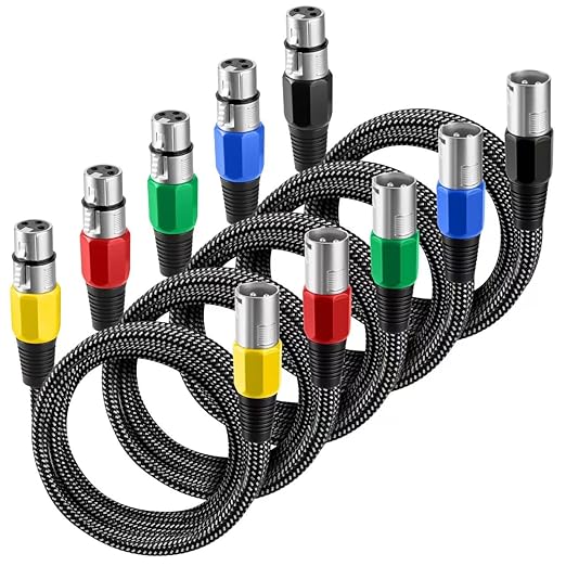 XLR Cable 10 FT/5 Pack, Microphone Cable 3 Pin Nylong Braided Balanced XLR Male to Female Heavy Duty Mic Patch Cords (Pure Copper Conductors)