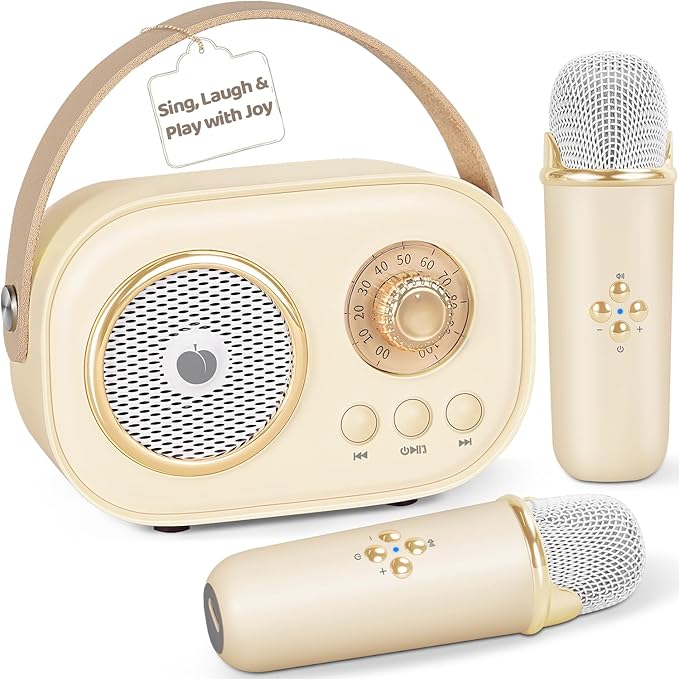 PRUNUS C20 Mini Karaoke Machine,Valentines Day Gifts for Her Him Kids Mens,Portable Bluetooth Speaker with 2 Wireless Microphone for Boys Girls 3-12+ Years Old Birthday Party Beige