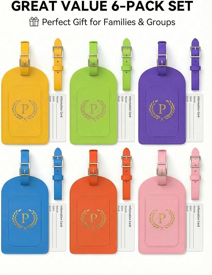 Luggage Tags for Suitcases 6 Pack PU Leather Travel Bag Tags with Privacy Cover & Stainless Steel Buckle, Vegan Leather Name ID Labels for Travel Bags, Cruise, Airline, Backpack, Baggage Identifier(P)