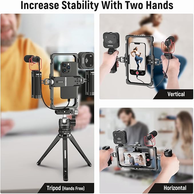 NEEWER Upgraded Phone Rig Vlogging Kit, Video Cage Stabilizer with Dual Handle Wireless Mic Clip Slot Cleaning Cloth for TikTok YouTube Recording Compatible with iPhone Samsung Android SmallRig, PA009