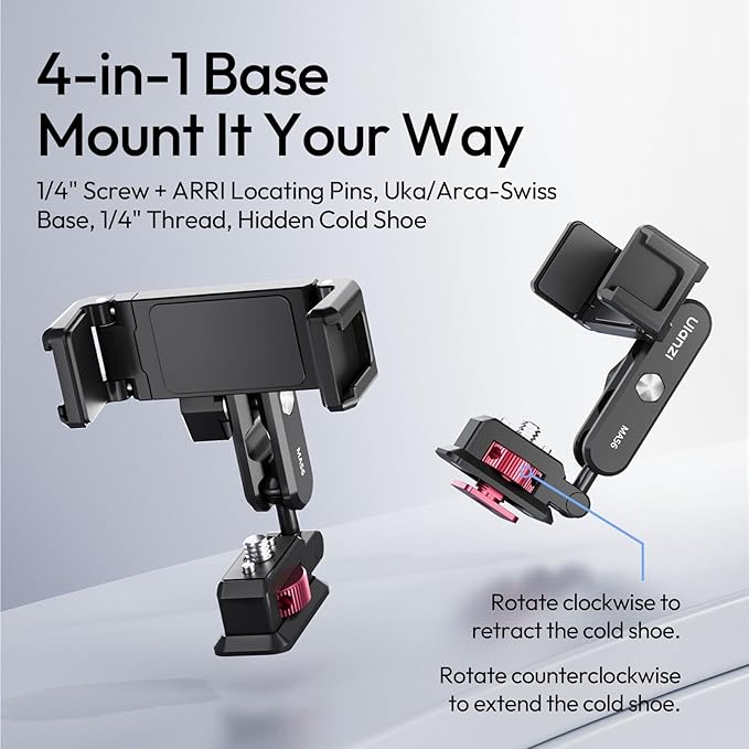 ULANZI MA56 4-in-1 Metal Phone Tripod Mount with Cold Shoe & Arca Swiss Plate, 360° Adjustable Hot Shoe Camera Phone Mount for iPhone, Compact All-in-One Adapter for Smartphone Photography & Video
