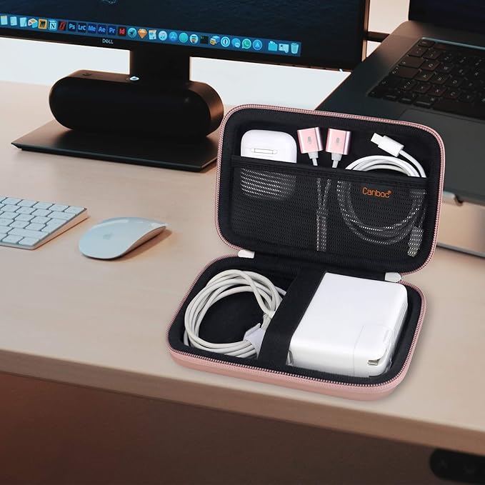 Canboc Carrying Case for MacBook Air Pro Charger MagSafe/MagSafe 2 Power Adapter, iPhone 16/16 Pro MagSafe Charger, USB C Hub, Type C Hub, USB Multiport Adapter, Hard Bag, Rose Gold+Black