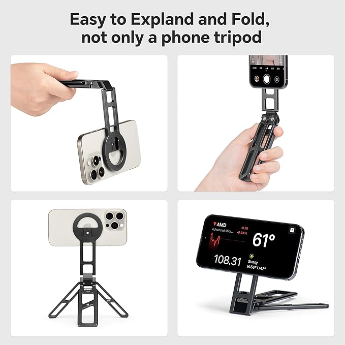 FANAUE Adjustable Phone Tripod Stand, Foldable Magnetic Cell Phone Holder with Arca-Swiss and 1/4" Screw Hole, Aluminium Magsafe Smartphone Mount with Cold Shoe for iphone16 15 14 13 12 Plus Pro Max