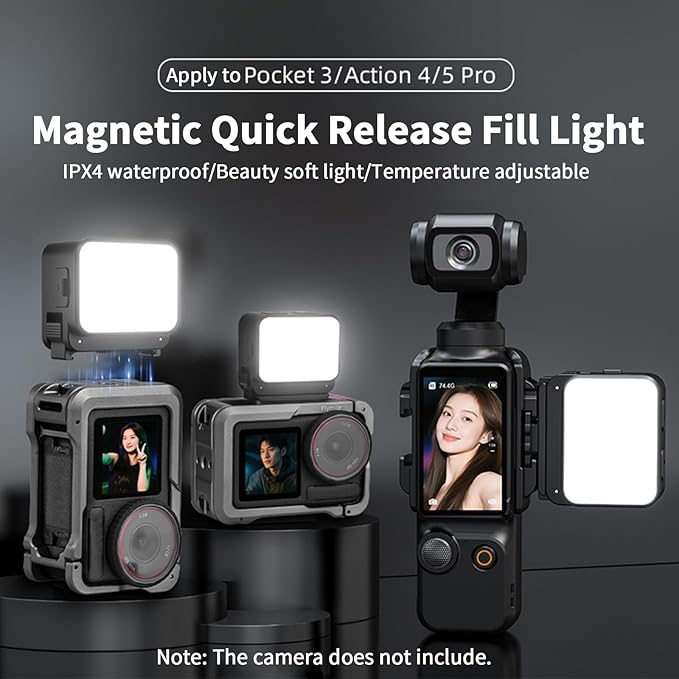 Magnetic Mini Light for DJI Osmo Pocket 3 Action 4/5/Pro Creator Combo Accessories, 2W 600mAh Rechargeable LED Fill Light, 3 Color Modes, 4 Levels Brightness, IPX4 Water Resistance