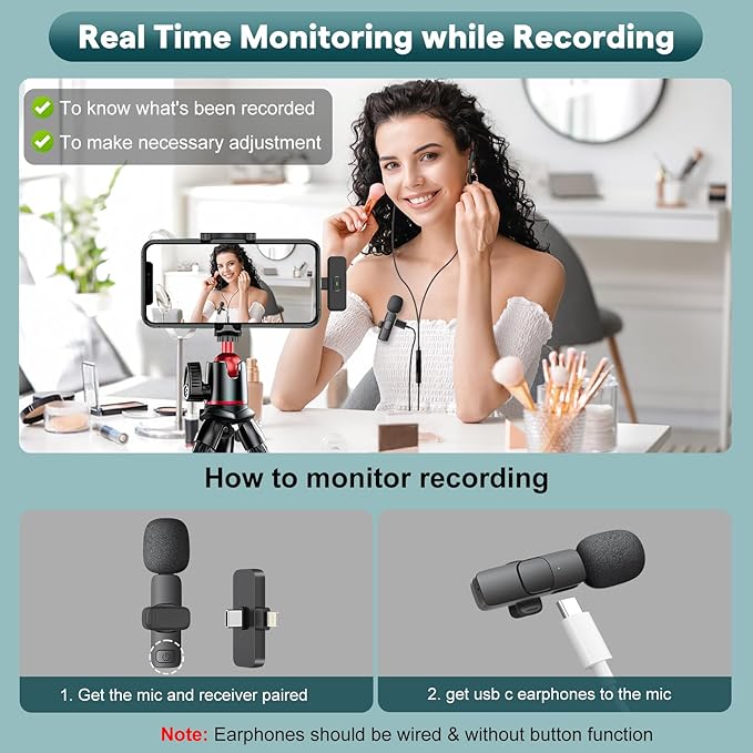 MAYBESTA Wireless Mini Microphone for iPhone, Android Phone - Lavalier Lapel Mic for Audio Video Recording - Clip on Content Creator Microphones for YouTube Tiktok Podcast Vlogging
