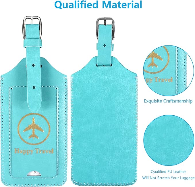 ACdream Luggage Tags 2 Pack, Leather Suitcase Tags Identifiers, Cute Cruise ID Labels with Privacy Cover fits on Backpack, Travel Bag, for Women, Men, Adults, Kids, Sky Blue