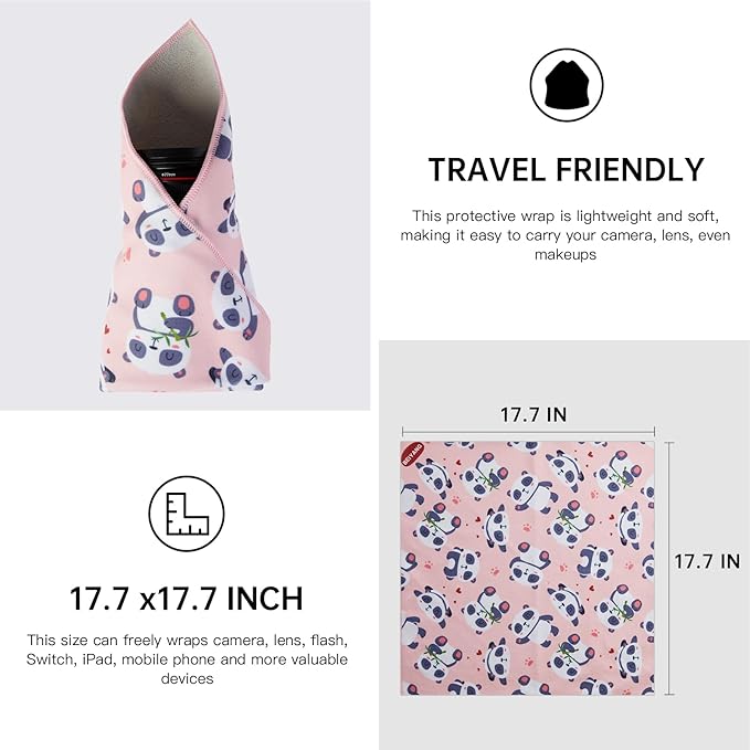 17.7X17.7 Inch Camera Protective Wrap, Lens Protector Wrapper, Pink Panda Pattern Magic Self-Adhesive Cloth for Camera/Lens/Phone/DSLR/Laptop/Accessories, Anti Scratch Equipment Wrap Storage Pouch