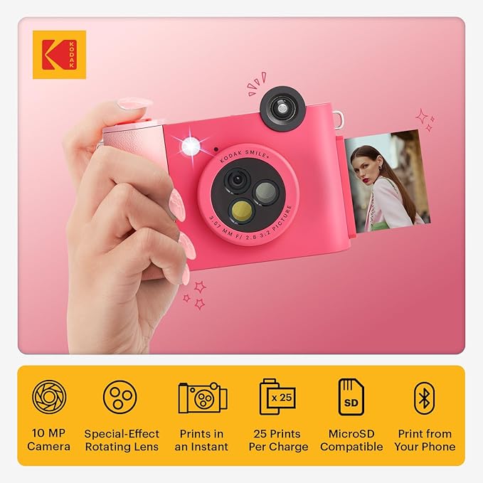 Kodak Smile+ 2-in-1 Digital Instant Print Camera & Wireless Bluetooth Photo Printer - 10MP, Special-Effect Rotating Lens, Zink 2x3” Sticky-Back Photos, Print via Fun App from Smart Devices - Fuchsia