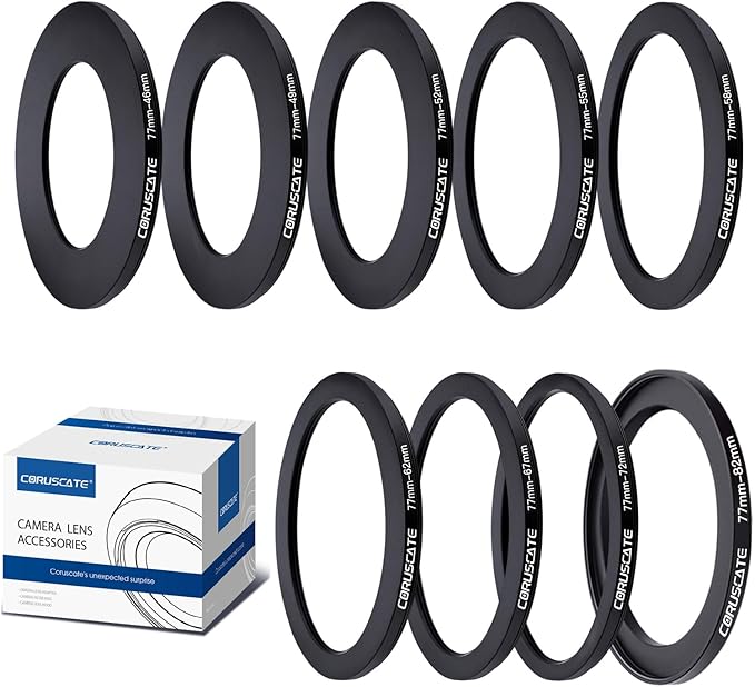9Pcs 77mm Filter Ring Adapter Set,Filter Metal Stepping Rings for All Brands UV ND CPL 77-46mm,77-49mm,77-52mm,77-55mm,77-58mm,77-62mm,77-67mm,77-72mm,77-82mm