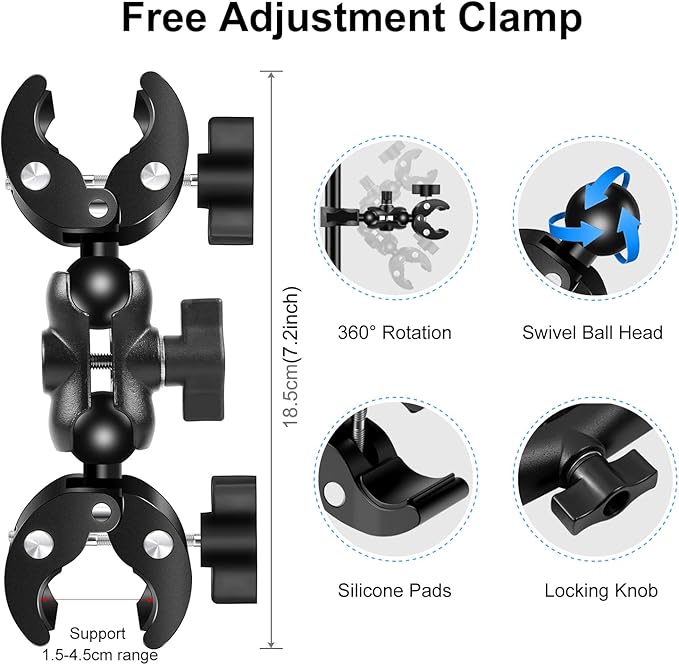 PULUZ Double Clamp Motorcycle Mount Kit for Insta360 X4 X3 X2 GO 3 One RS Camera, Bike Handlebar Mount Bundle with 59" Invisible Selfie Stick Telescopic for Moto Bicycle Riding Records