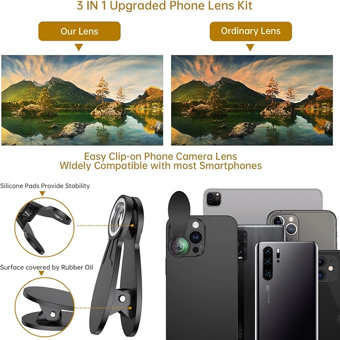 3-in-1 Smartphone Camera Lens Kit – 0.62× Wide Angle + 25× Macro + 235° Fisheye, Universal Clip-On Lens for iPhone/Samsung/Android Phones, Travel & Vlog Friendly