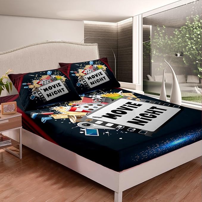 Erosebridal Movie Bed Sheets Set Twin Size for Boys Girls Family Home Theater Decor Sheet Set Movie Lover Theater Theme Bedding Sets Retro Vintage Film Themed Fitted Sheet 3 Pcs
