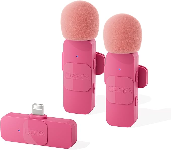 BOYA Wireless Lavalier Microphone for iPhone iPad Phone Omnidirectional External Mini Lapel Lightning Microphone for iPhone Clip-On Mic for Video Recording Podcast YouTube Live Streaming (Pink)