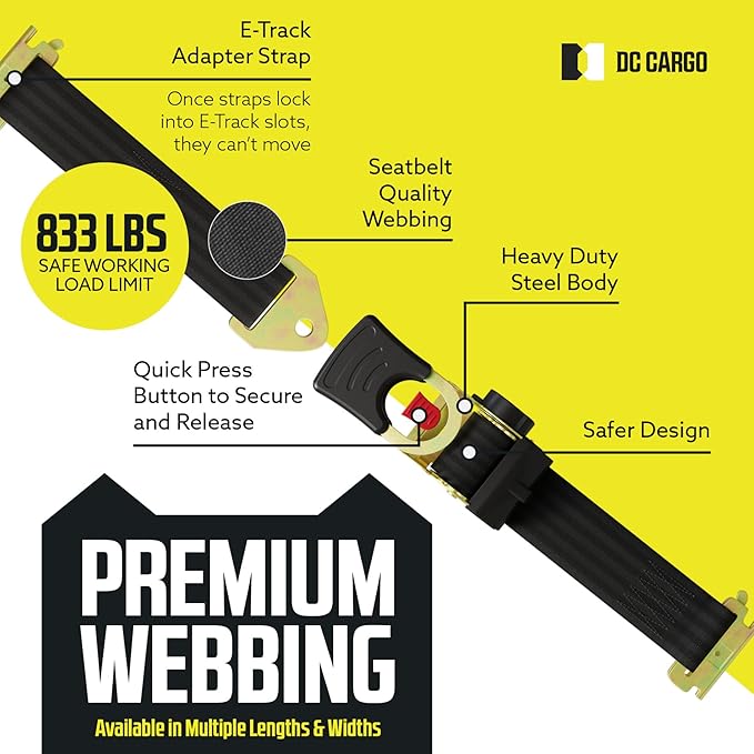 DC Cargo Mall E Track Retractable Ratchet Straps - E-Track and Bolt-On Mounting Options (2 Pack) 2" x 10' - 4,000 lbs Break Strength Heavy Duty Auto Self Retracting Tie Down Straps