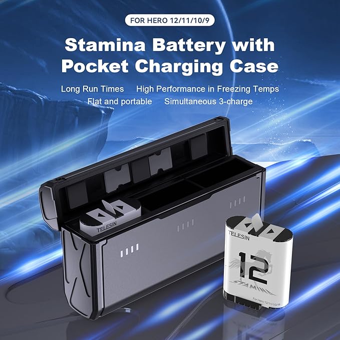 TELESIN 2-Pack Enduro Battery Charger for Hero 12 Hero 11 Hero 10 Hero 9, Long Lasting Batteries as Original Official + Pocket Fast Charge Charging Case for 12 11 10 9 Black Accessories