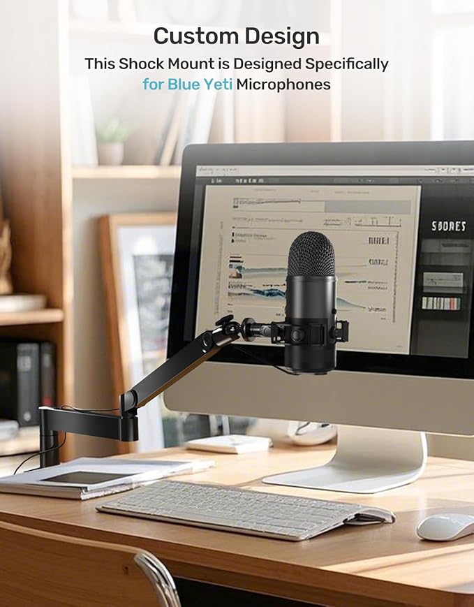 Custom Built for Blue Yeti Shock Mount with Pop Filter, 2026 Upgrade Anti-Vibration Suspension Elastic Shock Mount Holder Clip Mics Stand with Screw Adapter Compatible with Yeti Microphone