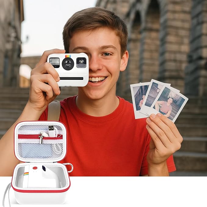 ANKHOH Digital Camera Case for Polaroid Go Generation 2 Gen 2/9035/9071/9070 Instant Mini Camera, Instax Film Cameras Storage with Mesh Pocket for Photo, Stickers (Box Only) (WhIte-red)