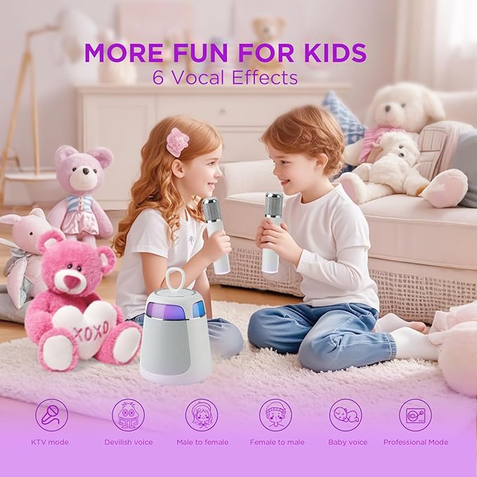 Mini Karaoke Machine with 2 Wireless Microphones, Portable Karaoke Machine for Kids & Adults, 10W Bluetooth Speaker with Voice Changer, Lights, Supports USB/TF/AUX