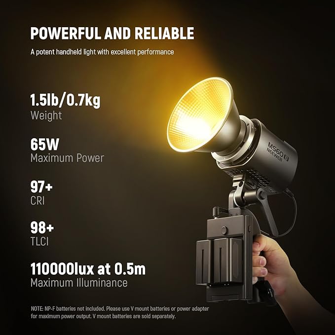 NEEWER MS60B LED Video Light 2.4G/APP Control, 65W Metal Mini Compact COB Continuous Output Lighting Bowens Spotlight for Photography Studio Recording, 40000lux/1m 2700-6500K CRI 97+/TLCI 98+, Silver