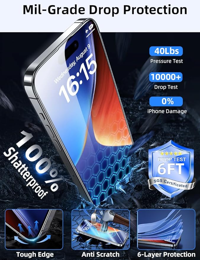 ruwa Screen Protector for iPhone 15 Plus and iPhone 16 Plus [6.7 Inch][2-Pack] Tempered Glass with Easy Installation Frame, HD Clear,Anti-Scratch,Full Coverage
