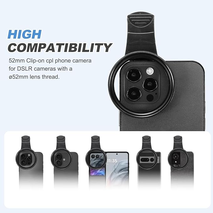PATIKIL 52mm Phone Camera Lens, Clip-On 8 Point Star Filter Circular Polarizing Lens for Most Smart Phones and DSLR Cameras, Black