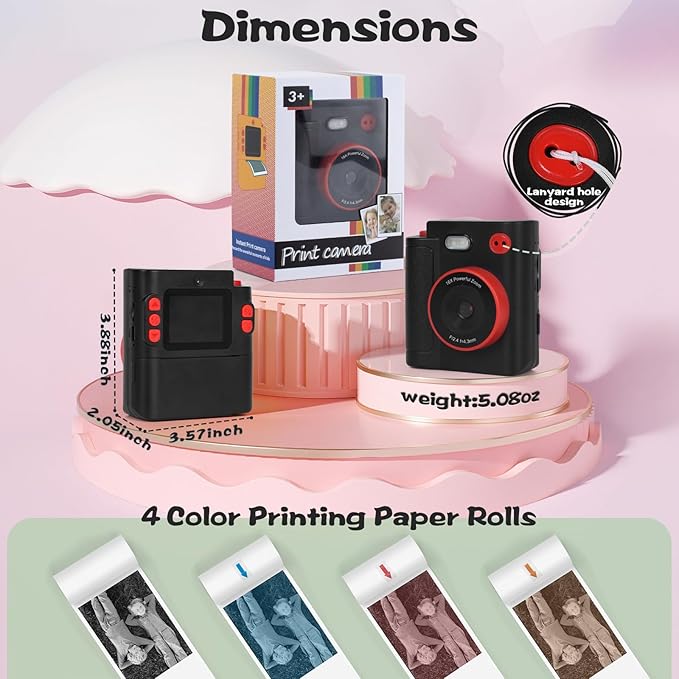 Kids Camera Instant Print, 1080P HD Dual-Lens Selfie Digital Camera with 5 Printing Paper Rolls & 32G TF Card, for Children, Portable Toddler Toy for Age 3-12 Boys & Girls (Black)