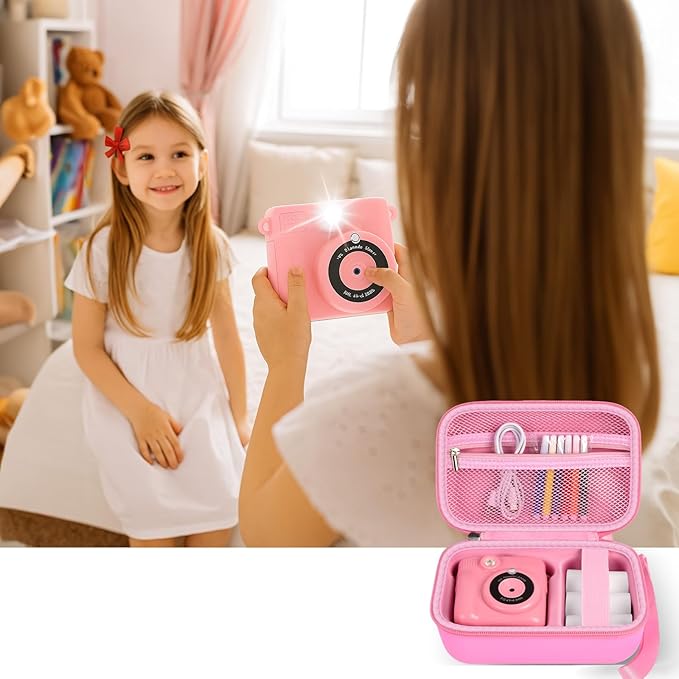 Kids Instant Print Camera Case for ESOXOFFORE Digital Video Cameras with 3 Rolls Paper Refill, Toddler Film Camera Storage Holder Bag with Mesh Pocket for Thermal Paper Accessories (Box Only) - Pink