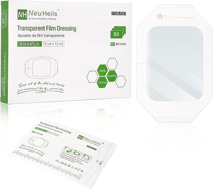 NeuHeils Transparent Film Dressing 4" x 4 3/4" 50 Packs, Large Waterproof Wound Cover Bandage, Post Surgical Shower or IV Shield, Tattoo Aftercare Bandage, Adhesive Patch
