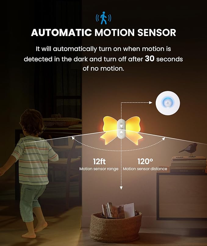 LOFTEK Rechargeable Motion Sensor Wall Sconce 2PCS- 15 RGB Butterfly Ambient Light Dimmable - Acrylic Bow-Knot Night Light Peel & Stick Wall Lamp for Balcony Bedroom Stair Hallway Kid's Room