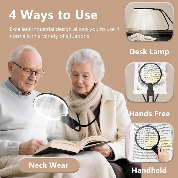 6X Hands-Free Magnifying Glass with Light, Rechargeable Neck Magnifier 24 LED for Reading, Crafts, Cross Stitch - Adjustable Brightness for Low Vision Seniors & Close Work