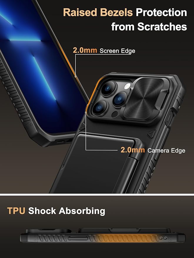 Vihibii for iPhone 13 Pro Max/iPhone 12 Pro Max Case with Card Holder (4 Cards) [RFID Blocking] & Slide Camera Cover, Military Grade Drop Protection, Rugged Back & Silicone Edge Wallet Case, Black
