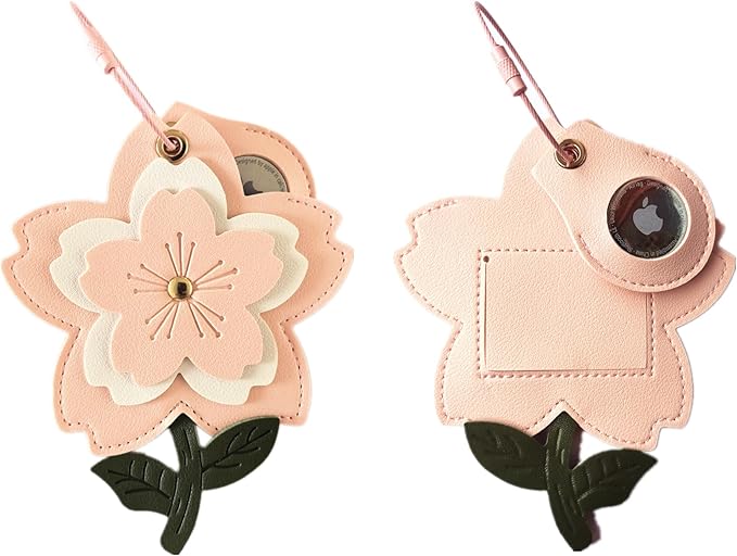 Cute Leather Luggage Tag Holder with Airtag Case Set,Hidden Compartment for AirTag Travel Suitcase Tracking Case with Stainless Steel Loop,Name ID Label(Pink Cherry Blossoms)