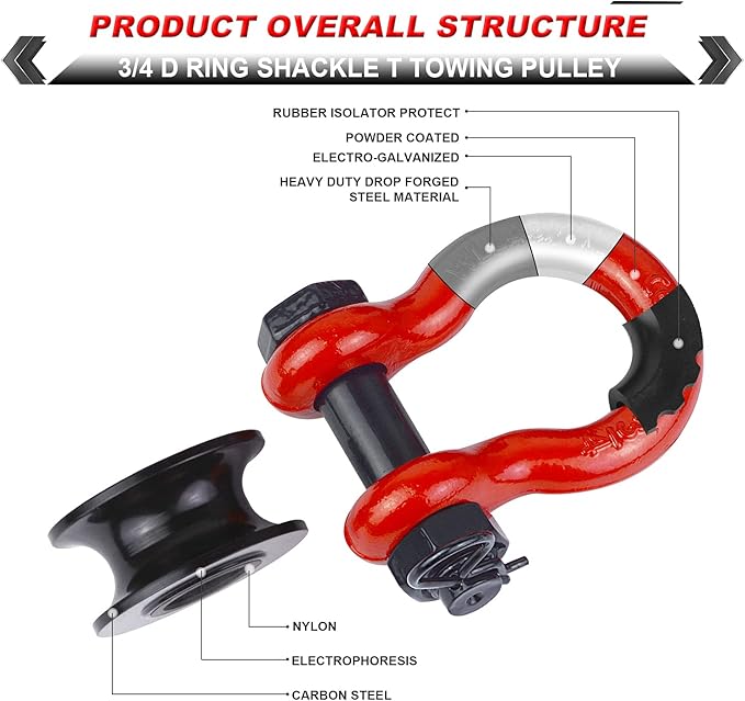 Upgraded Snatch Block, 3/4" D Ring Shackle (2 Pack) 22,000lb Break Strength with Towing Pulley, Heavy Duty Offroad Recovery Accessory for Truck, Tractor, ATV & UTV - Red