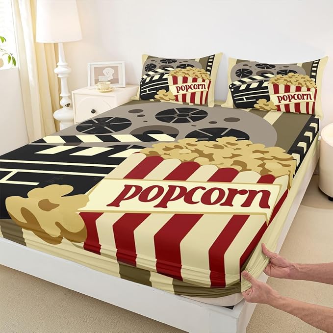 Erosebridal Retro Film Cinema Queen Size Bed Sheets Set for Kids Teens Adults,Delicious Popcorn Sheet Set,Movie Theater Film Sheets,Vintage 70s 80s Flat Fitted Sheet with 2 Pillowcases Luxury Soft