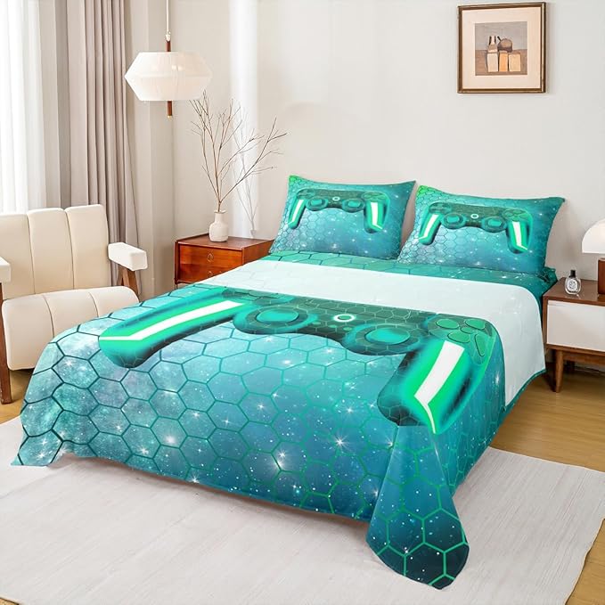 Gaming Sheet Sets for Boys King Size Gamer Bedding Green Gradient Honeycomb Hexagon Print Flat Sheet Video Games Fitted Sheet 3 Pcs Modern Soft Microfiber All Season Machine Washable Bed Sheet