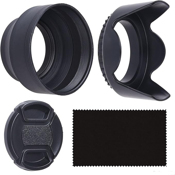 55mm Set of 2 Camera Lens Hoods and 1 Lens Cap - Rubber (Collapsible) + Tulip Flower - Sun Shade/Shield - Reduces Lens Flare and Glare - Blocks Excess Sunlight for Enhanced Photography and Video