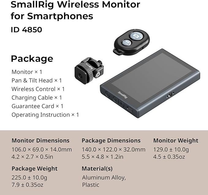SmallRig Phone Monitor Screen with Wireless Control, 1080P Wireless Recording, Video Monitor with Cold Shoe Mount, Real-Time Screen Sharing, for iPhone for MagSafe - 4850B