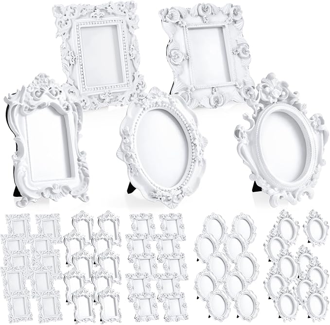 Maitys 50 Pcs Mini Picture Vintage Frames with Stands Tiny Antique Photo Baroque Ornate Resin Oval Frame Table Top Display Home Wedding Decor (White)