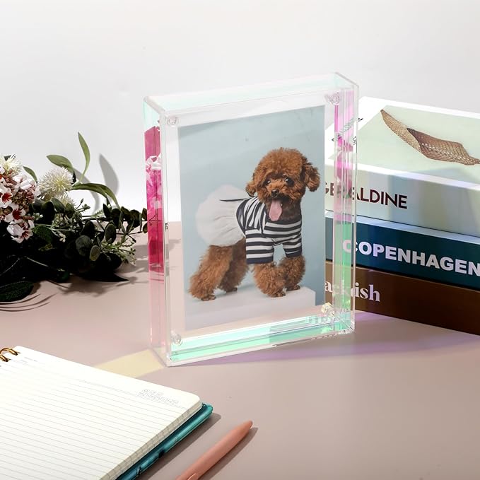 Gelite Acrylic A4 Frame to Display A4 Pictures or Smaller Mat-free Neon Floating Photo Frame for Wall and Tabletop, Iridescent Rainbow