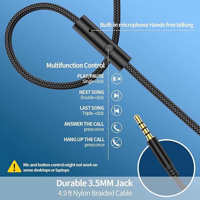W4 Sturdy Over Ear Headphones with USB C Adapter, 3.5mm Wired Headset with Mic for Adults & Teens, School, Travel, Braided Long Wire, Velvet Pouch, for iPhone 17/16, Samsung, iPad, Black