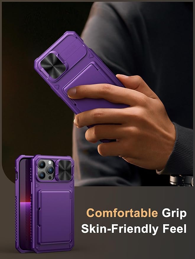 Vihibii for iPhone 13 Pro Max/iPhone 12 Pro Max Wallet Case, Built-in Card Holder (4 Cards), [RFID Blocking] & Slide Camera Cover, Military Grade Drop Protection, Rugged Hard Phone Case, Dark Purple