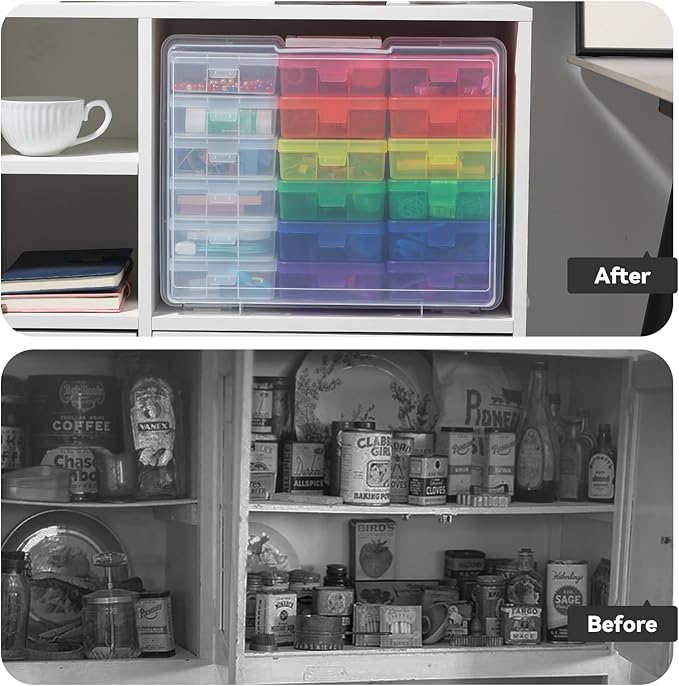 Novelinks Stackable Plastic Clear Storage Box Containers with Latching Lid - Art Craft Supply Organizer Storage Containers for Pencil Box,Crayon, Jewelry (12 Pack Colorful+6 Pack Clear-Small)