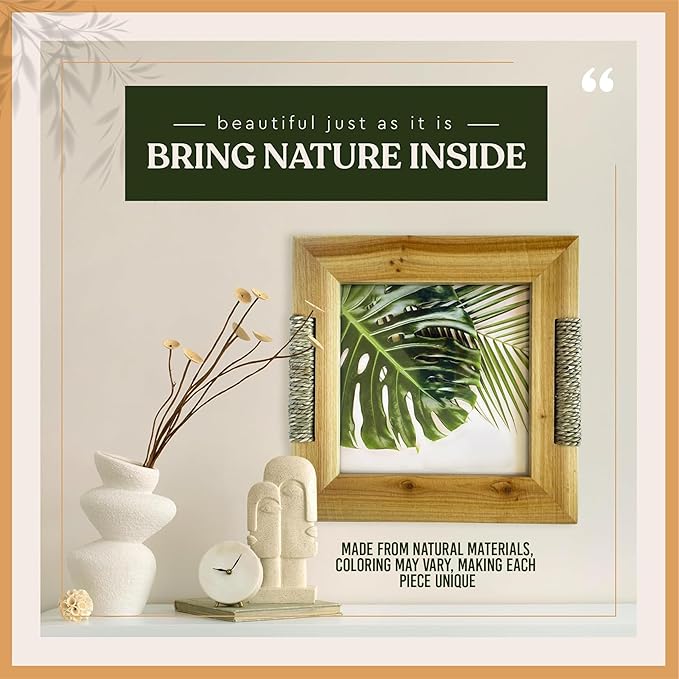 BoHo Wicker Accent Solid Wood Picture Frame for 8x8 Photo or Artwork - Bohemian, Coastal or Beach Style, Wall & Tabletop Decor Picture Frame, All Natural Wood & Seagrass - Golden Brown
