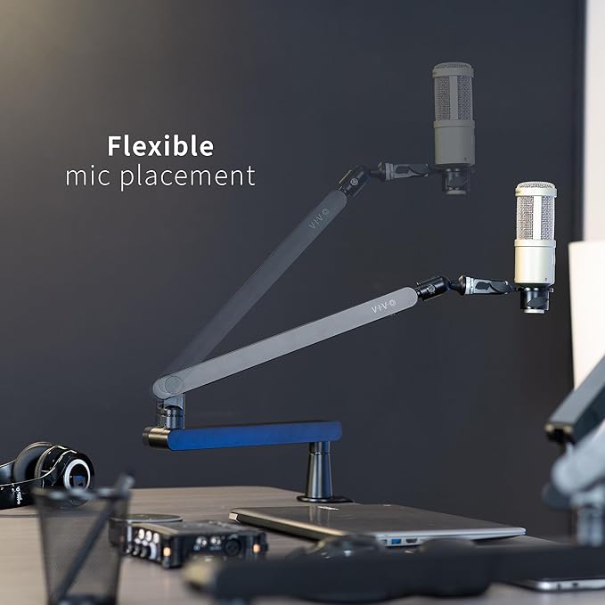 VIVO Low Profile Broadcast/Podcast Microphone Boom Arm Stand with 3/8 and 5/8 inch Screw Adapter, Heavy Duty Desk Mount, Professional Mic Stand with 360 Rotation, Black, STAND-MIC03L